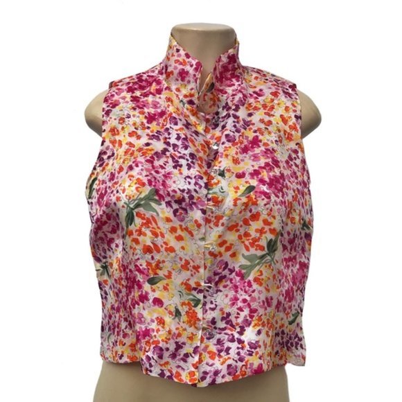 Silvia Heisel Floral 100% Silk Crop Button Blouse - Picture 1 of 16